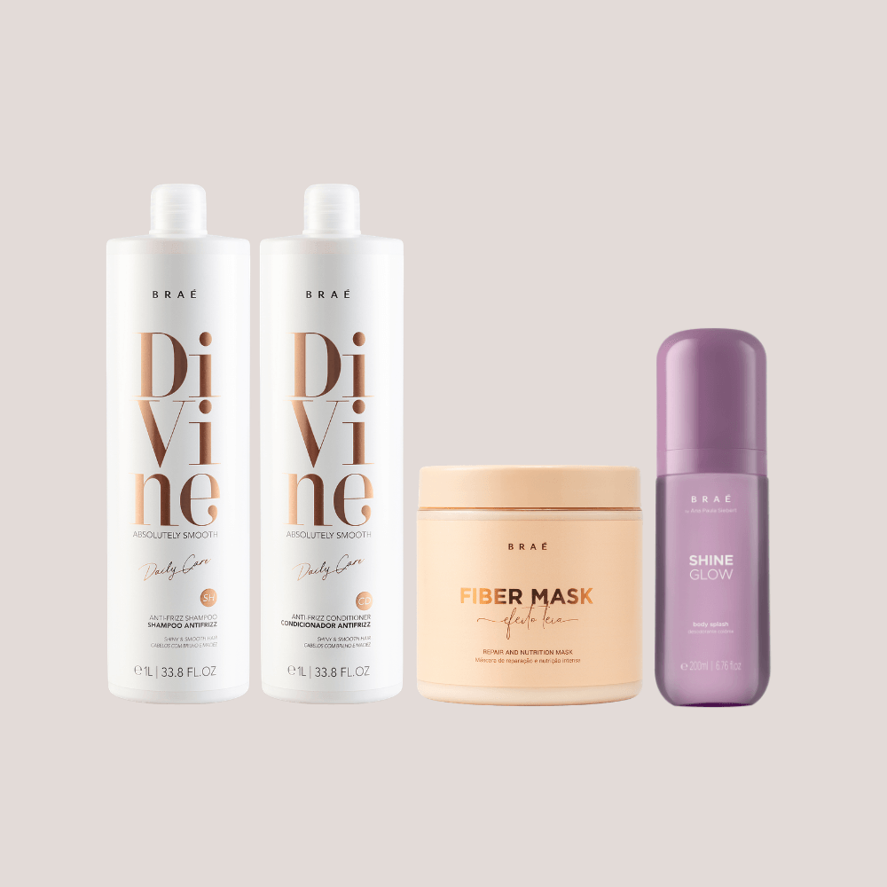 Divine Shampoo e Condicionador 1L + Fiber Mask 500g + Body Splash Shine Glow Desodorante Colônia 200ml