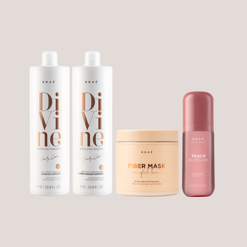 Divine Shampoo e Condicionador 1L + Fiber Mask 500g + Body Splash Peach Blossom Desodorante Colônia 200ml
