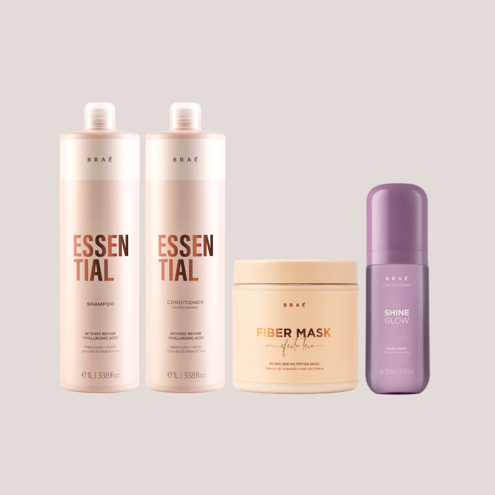 Kit Essential Duo Shampoo e Condicionador 1L + Fiber Mask 500g + Body Splash Shine Glow Desodorante Colônia 200ml